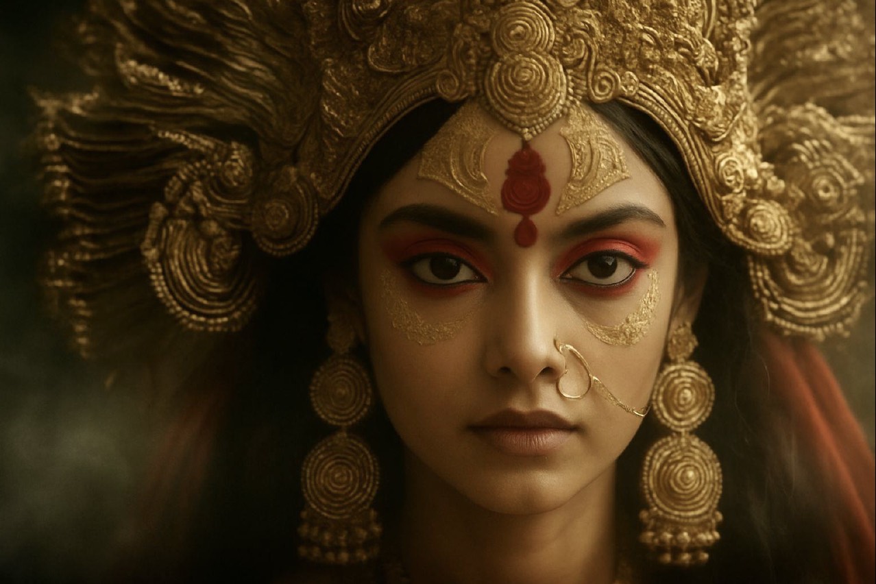 An idol of Durga upon her lion, low light, at a Kolkata Durga Puja pandal.