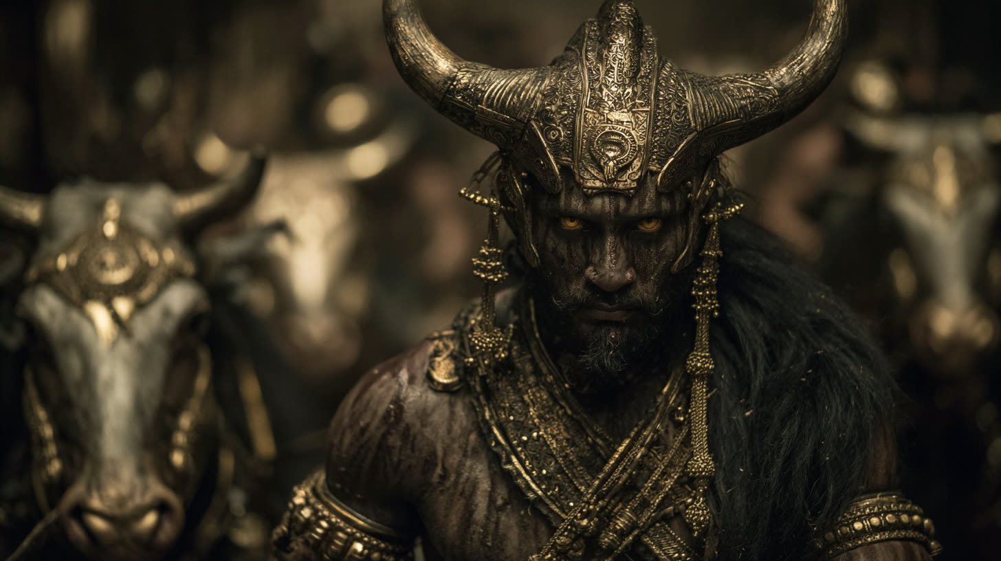 Mahishasura, the asura king — horned ceremonial helm, gold and bronze armor, his buffalo host in the shadows behind.