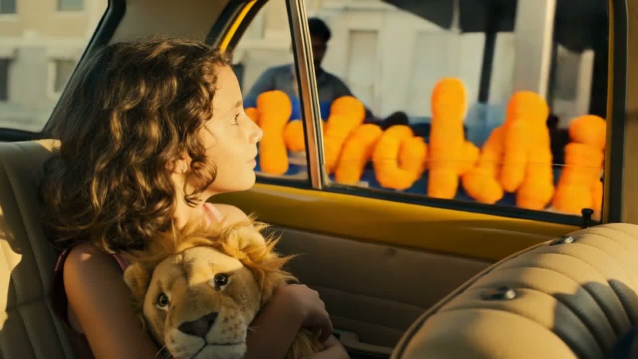 Tanit, a young girl from Tenerife, arriving in Kolkata — golden afternoon light through a taxi window, holding a stuffed lion.