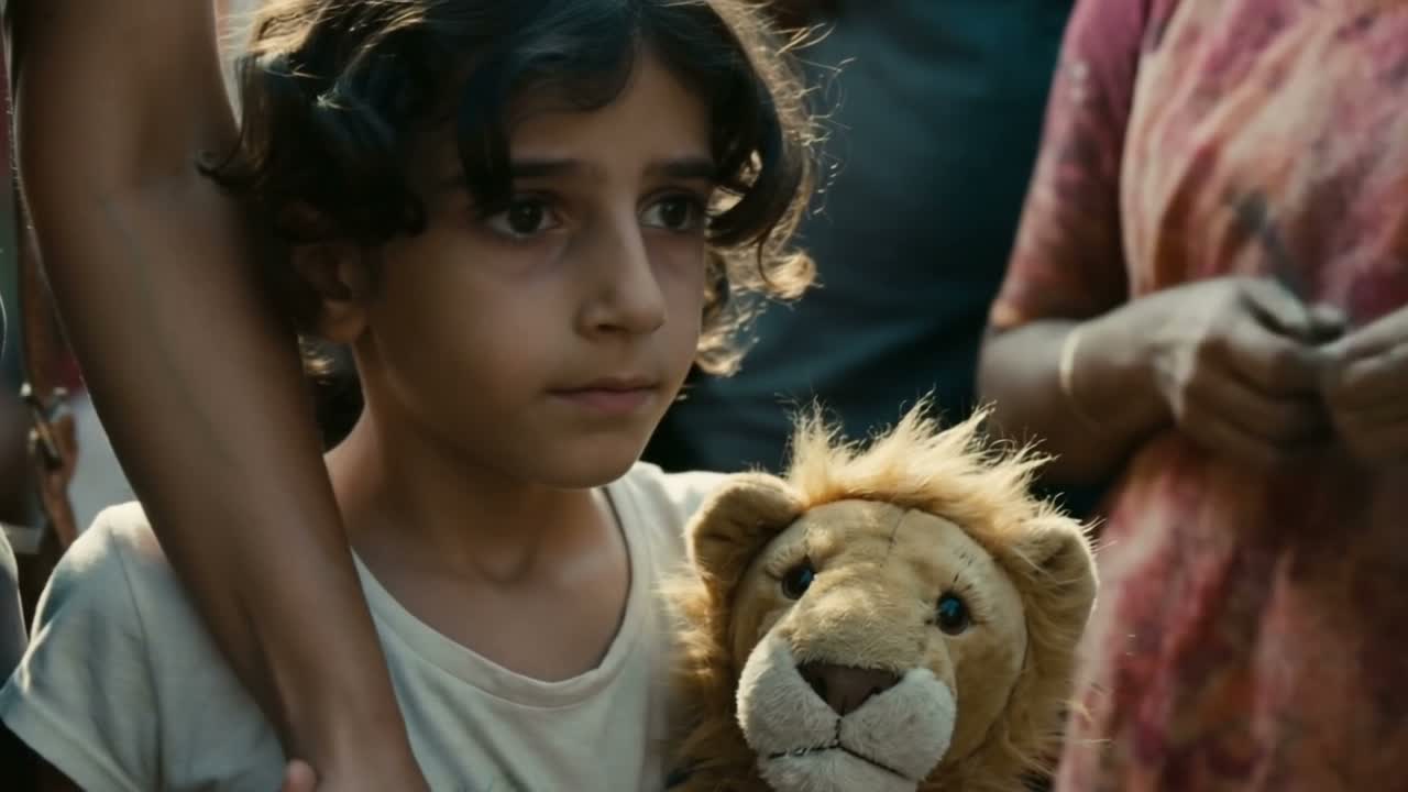 Tanit, a young girl from Tenerife, watches in stillness, the toy lion held close — first night of Durga Puja, Kolkata.