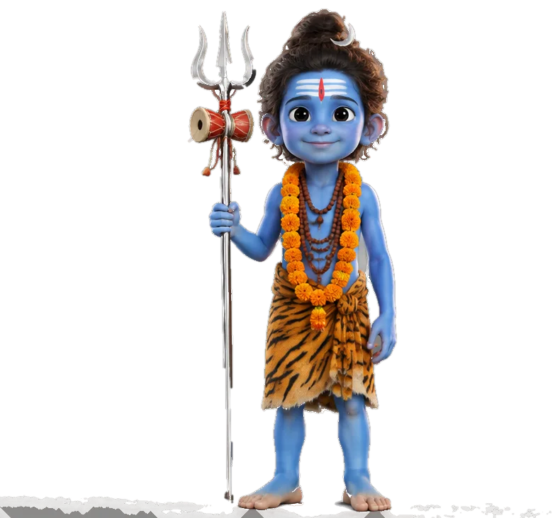 A small boy painted blue and dressed as Shiva, holding a festival trident.