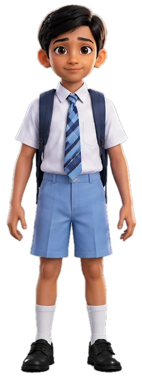 A ten-year-old boy in a school uniform with a backpack.