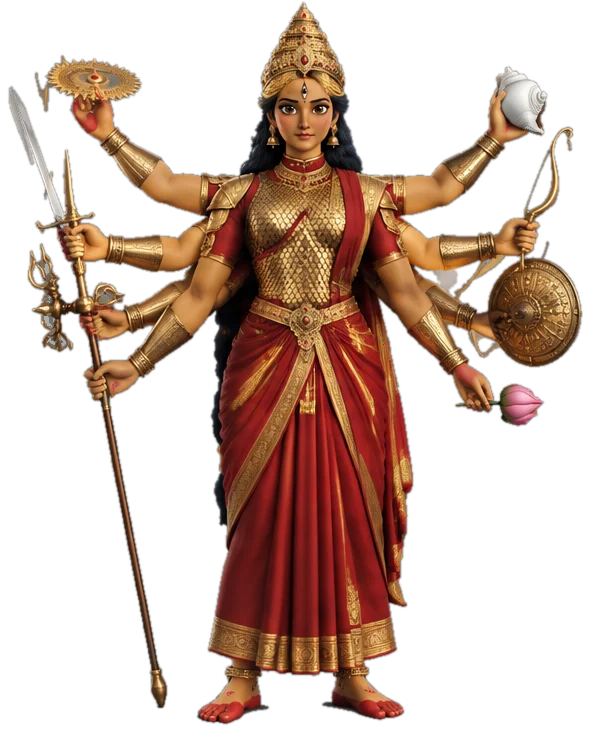 Durga in her battle form: eight arms, gold armour over a red sari, a golden crown, holding the gifts of the gods.