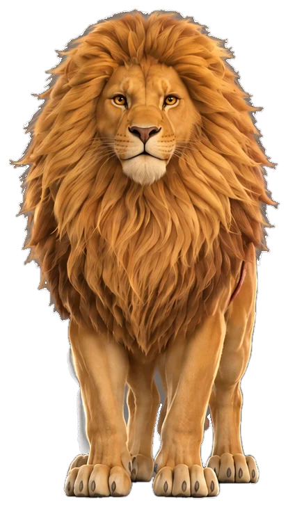 Her lion, a great golden lion with a huge mane, facing the viewer.