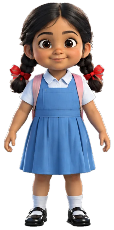 A six-year-old girl in a sky-blue school pinafore with red hair ribbons.