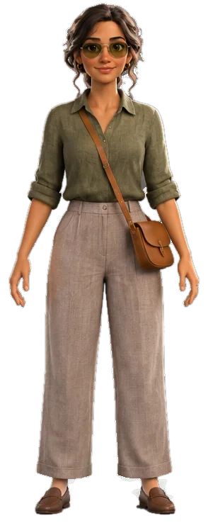 Marina in an olive linen shirt, linen trousers and tinted aviators, a leather bag over her shoulder.