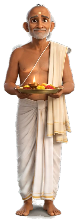 The Pujari, an elderly village priest in a white dhoti holding an aarti lamp.