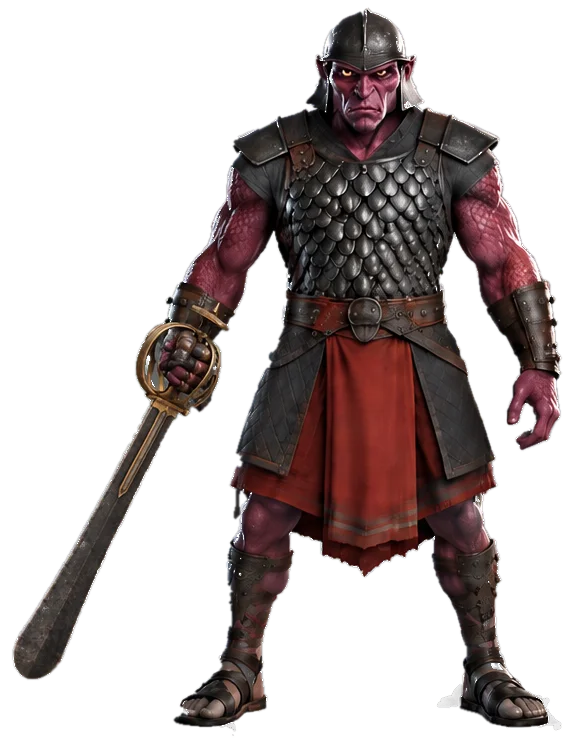 A rose-hided rakshasa soldier with a straight khanda sword.