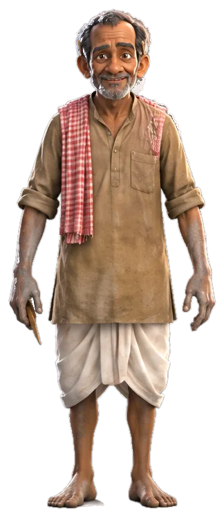 The sculptor, a thin older man in a clay-stained kurta with a checked gamchha over his shoulder.