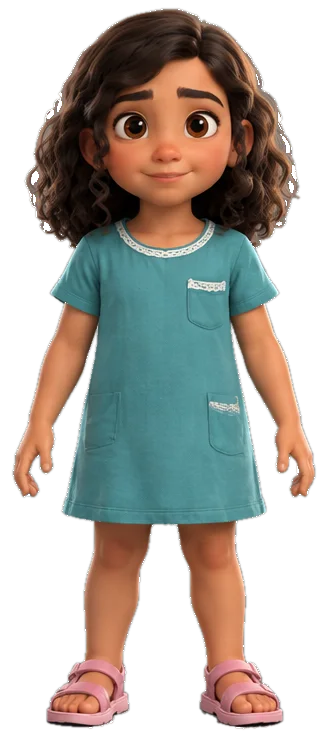 Athena, a nine-year-old girl with curly brown hair in a teal dress and pink sandals.