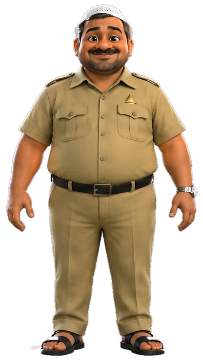 The taxi driver in a khaki uniform and a white prayer cap.